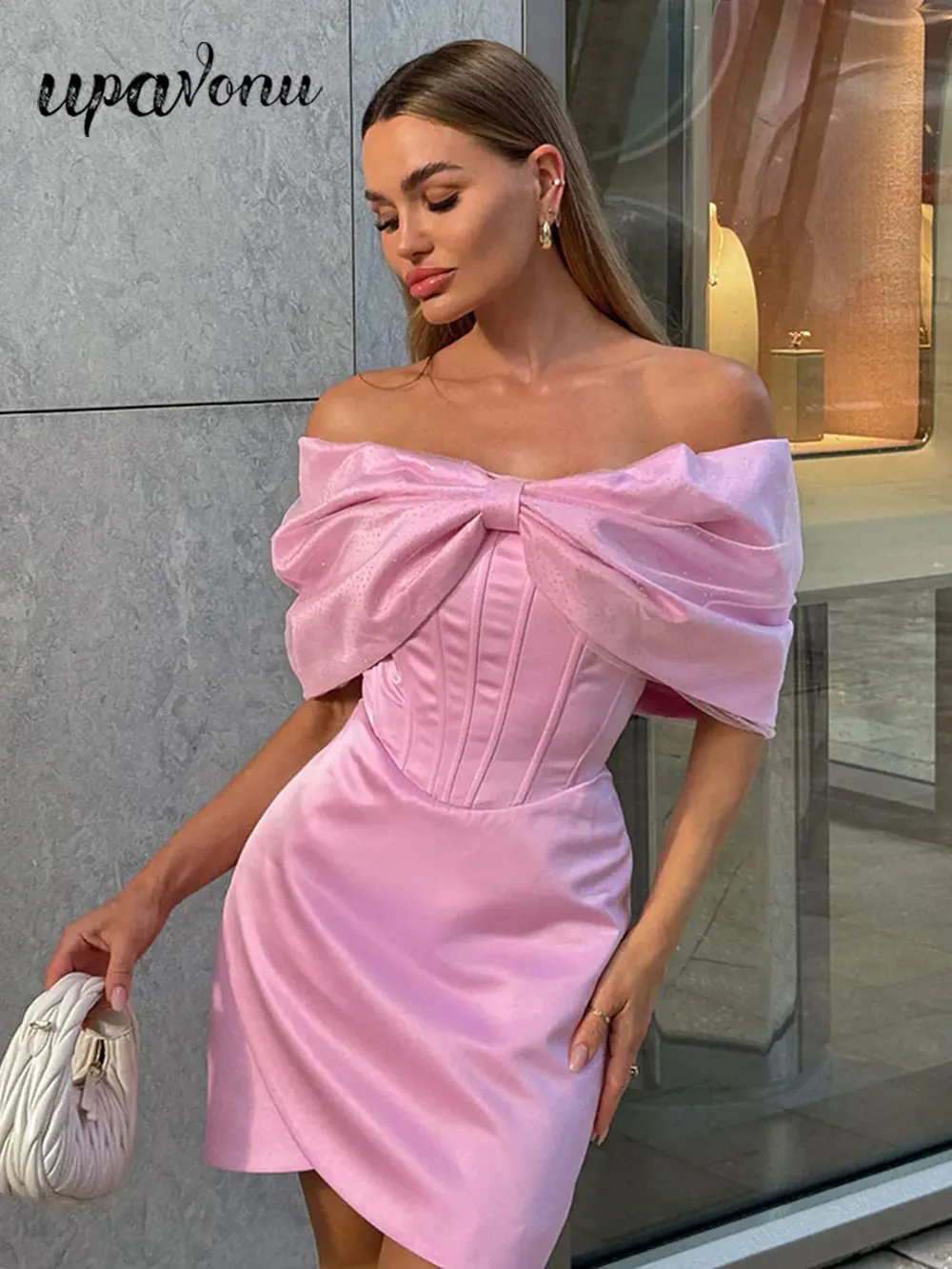 

2024 Sexy Women Pink Mini Dress with One Collar Shoulder Bow Decoration Bodycon Bareback Asymmetric Dress Evening Party Vestidos