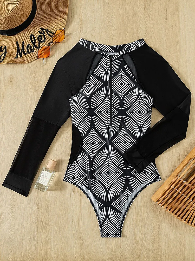 Mesh Long Sleeve Swimwear Women Bikini 2024 Surf Rash Guard One-Piece Swimsuit Woman Monokini Bathing Suit Bodysuit Beachwear
