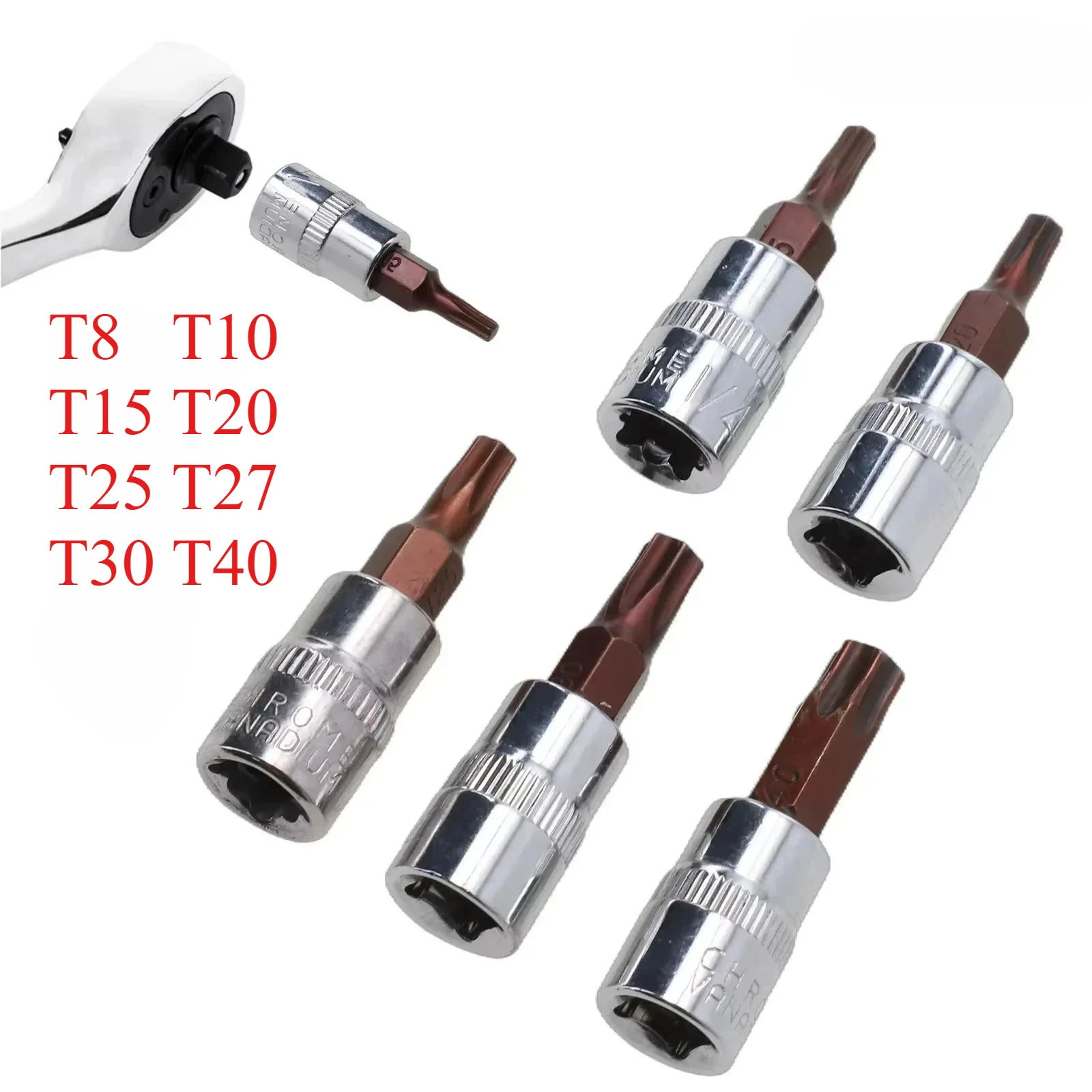 Torx Screwdriver Bits 1/4 Inch Drive Socket Head Tools T8 T10 T15 T20 T25 T27 T30 T40 Socket Wrench Adapter Hand Tools
