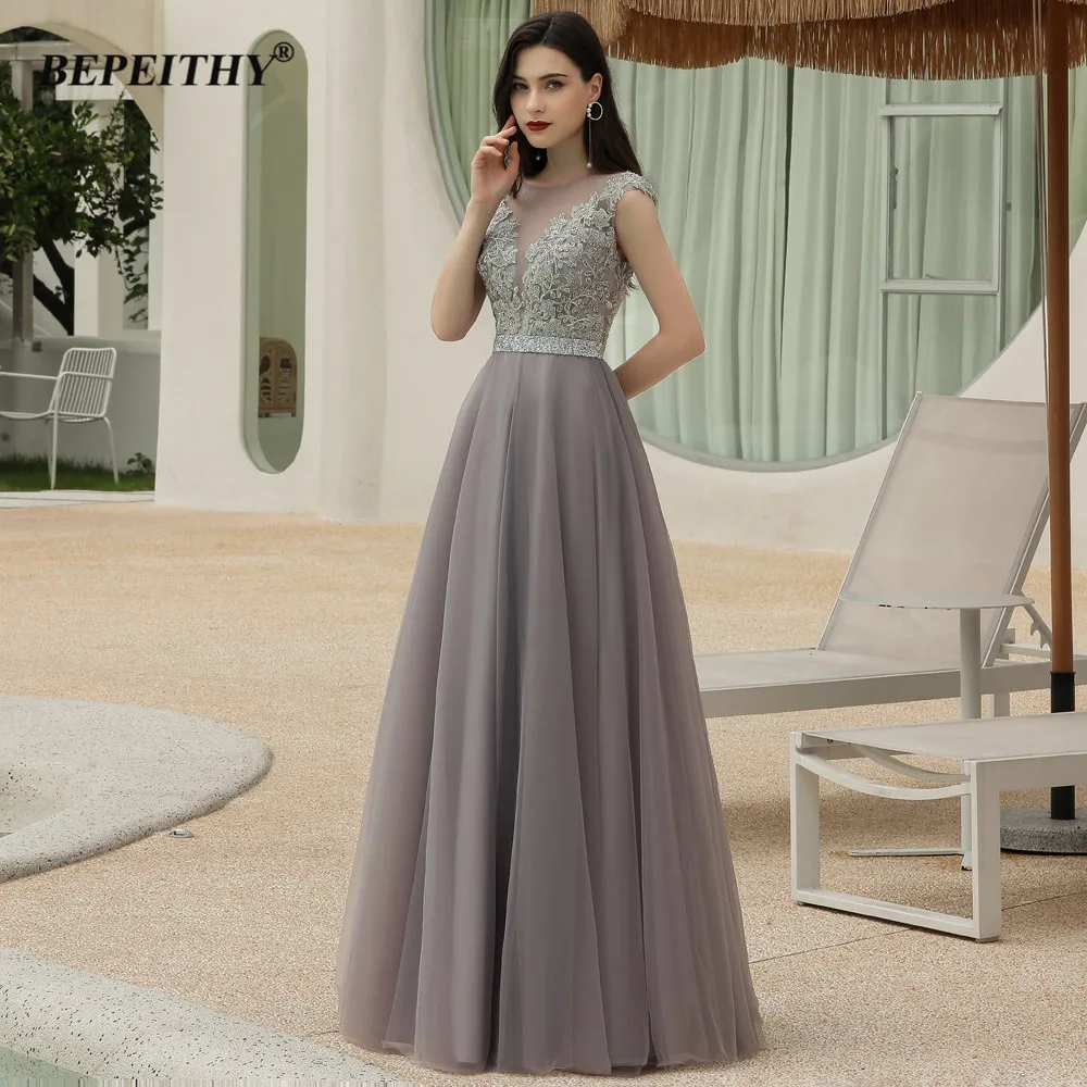 BEPEITHY สีเทาชุดราตรียาวหรูหรา2021 Elegant ดูไบอาหรับคริสตัล A-Line อย่างเป็นทางการ-พรรคสำหรับ Plus ขนาดผู้หญ...