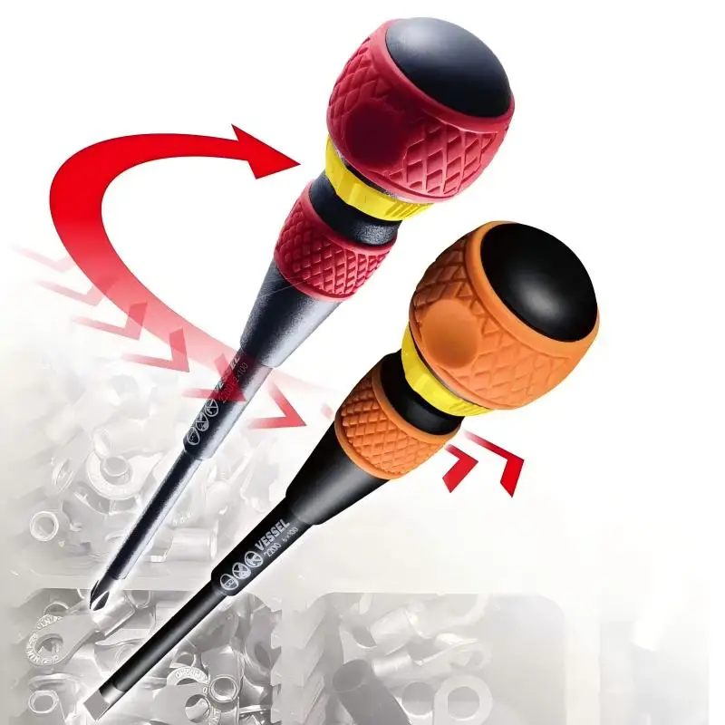 VESSEL NO.2200-2x100 JIS مفك براغي بسقاطة - قبضة كروية 4 بوصة، 36 سنًا، 2 في 1 فيليبس، عزم دوران عالي، أداة يابانية متينة