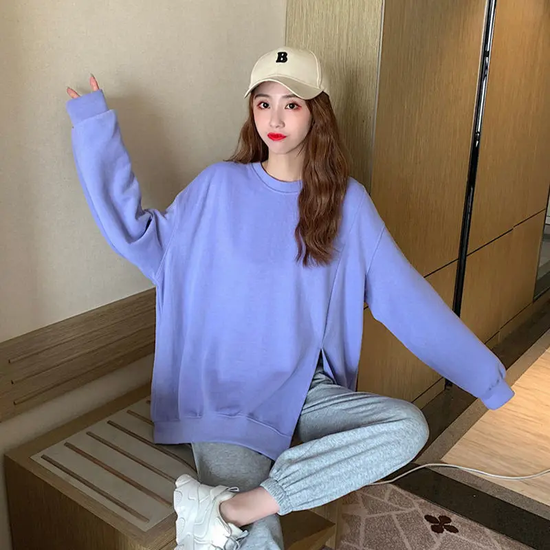 Spring Autumn New Long Sleeve Loose Slit Hem Korean Hoodies Solid Simplicity Trend Pullovers Top Fashion Casual Women Clothing