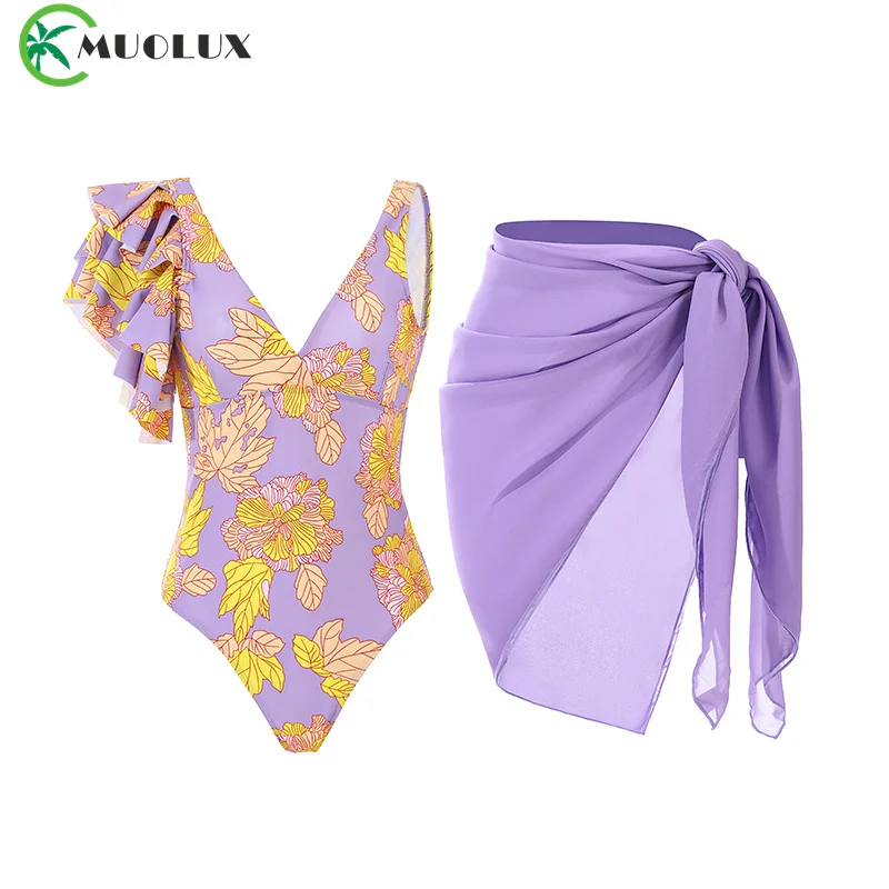 MUOLUX-Conjunto de Bikini de una pieza para mujer, bañador Sexy de cintura alta, traje de baño con volantes, vestido de baño brasileño, falda de playa 2024