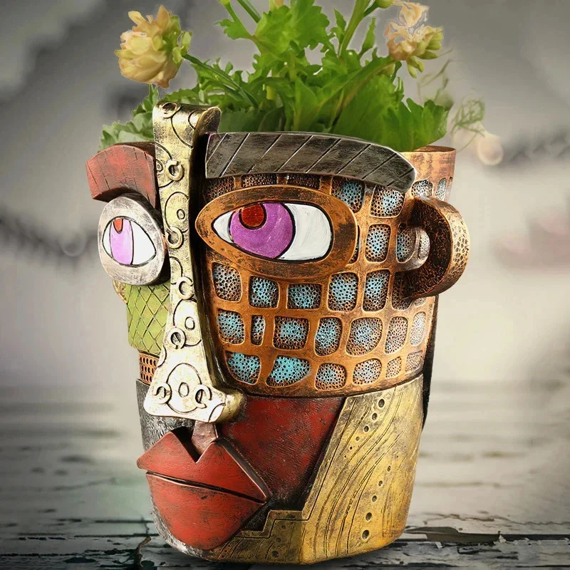 2024 New Retro Abstract Facial Art Flower Pot Creative Colorful Bronze Appearance Resin Crafts Home Meaty Green Plant Decoration