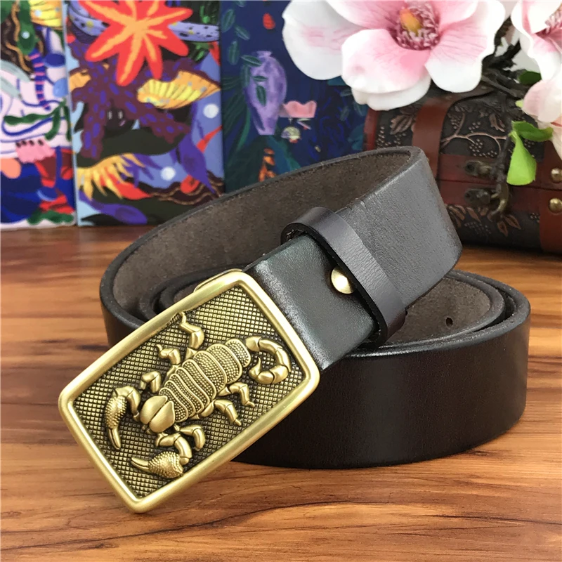 W stylu Vintage mosiądzu klamry pasa pasek z prawdziwej skóry mężczyzna Ceinture żółty pas Cowboy Jeans mężczyzn "pas długi 130CM pasek spodni MBT0006 — zdjęcie 7
