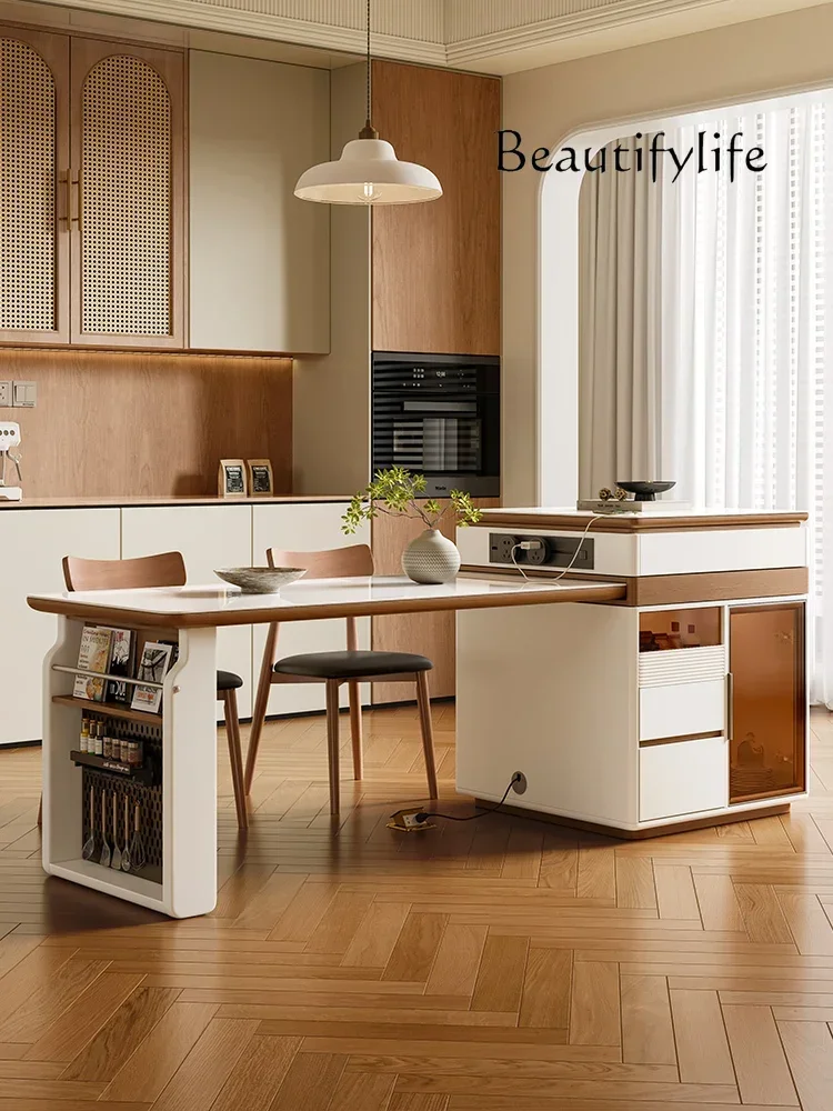 

Slate retractable island table household induction cooker integrated kitchen multi-functional storage mid-island