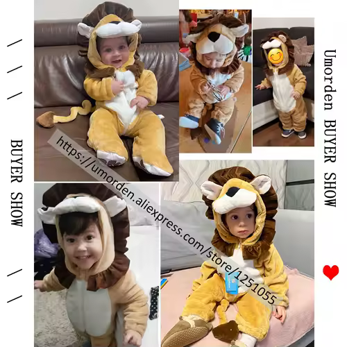 Cartoon Little King of Beasts Lion Costume Romper Jumpsuit for Baby Boy Infant Toddler Winter Outfit Pajamas Flannel Comfy 3-36M - Image 6