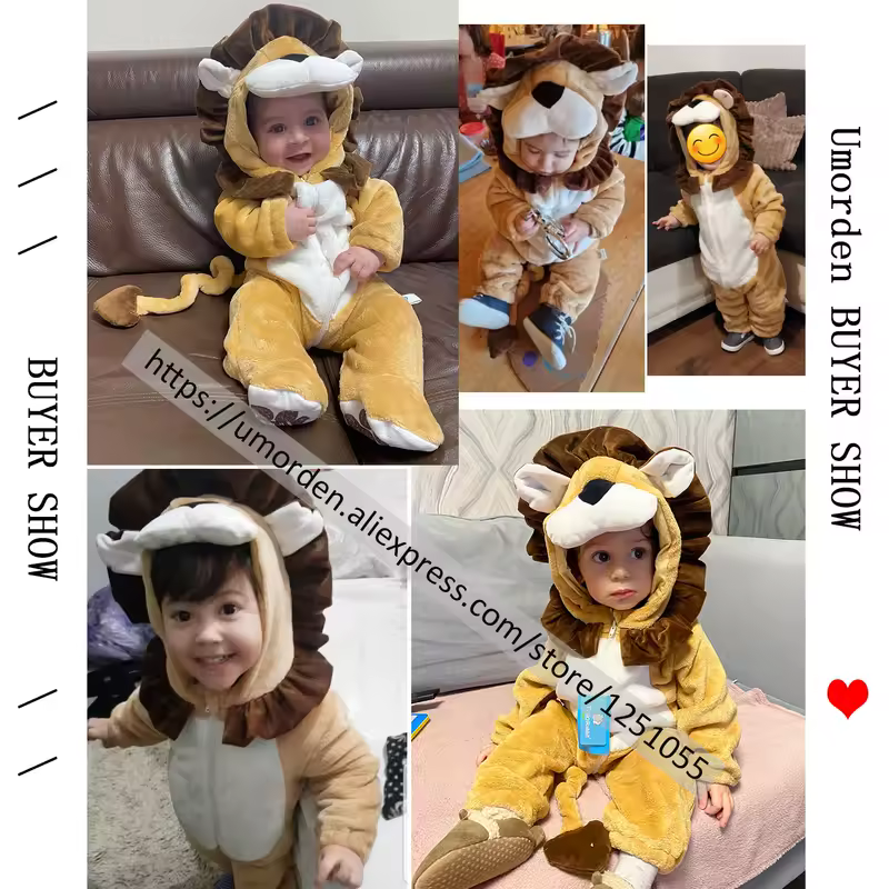 Cartoon Little King of Beasts Lion Costume Romper Jumpsuit for Baby Boy Infant Toddler Winter Outfit Pajamas Flannel Comfy 3-36M - Image 6