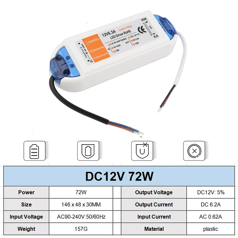 18W 28W 48W 72W 100W LED Driver Constant Current Wide Voltage AC90-240V With Protected Switching Power Supply DC12V Adapter