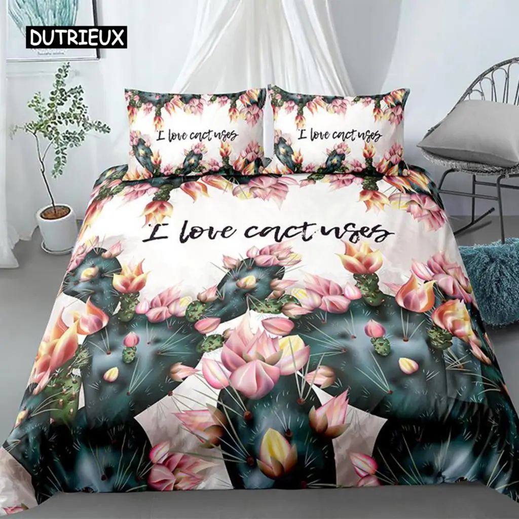 Cactus Duvet Cover Set Exotic Plant Prickly Pear Succulents Bedding Set Kids Teens I Love Cactus King Size Polyester Quilt Cover