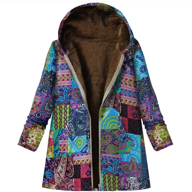 Women\'s Floral Jacket Large Size Warm Plush Retro Jacket Oversized Hooded Jacket Coats and Jackets Women Zip Hooded Coat