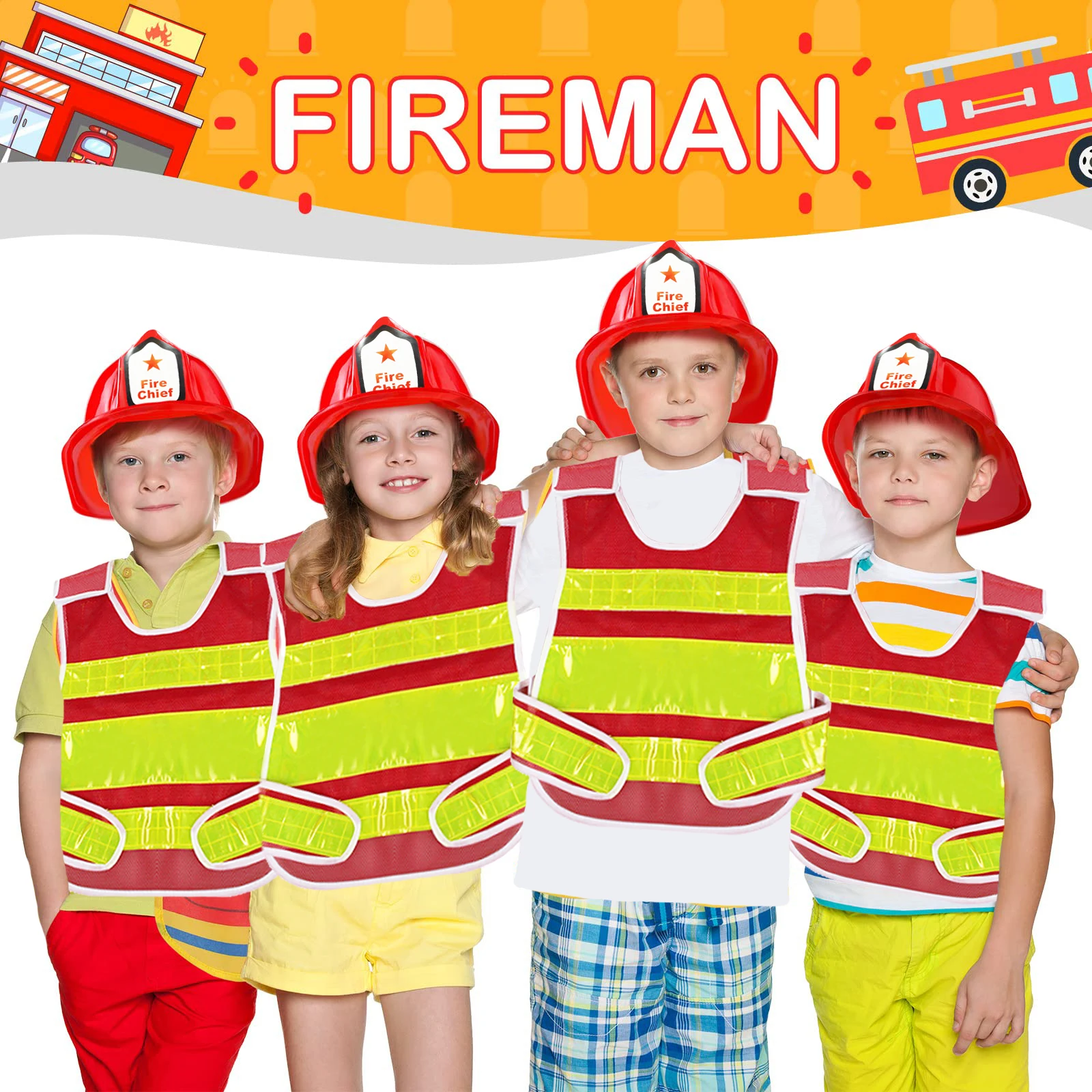 6/8/10Sets Fireman Costume for Kids Fireman Theme Birthday Party Supplies Firefighter Hats and Vests for School Activities