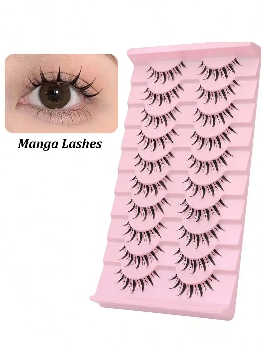 10 pairs of natural transparent stems, fake eyelashes, thin and curled comic style suitable for beginners, reusable, suitable