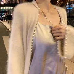 Soft Lady Mink Cashmere Sweater Coat Mohair Furry Knitted Cardigan Loose Beaded Trimmed with Pearls Jacket Tops Mujer Sueter