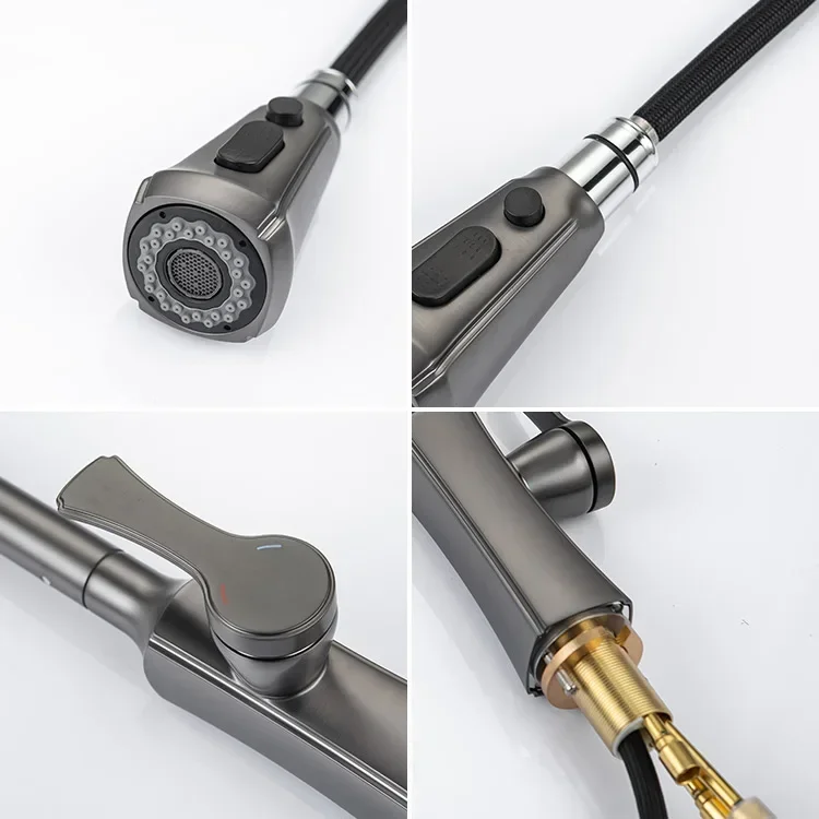 304 Stainless Steel Gun Gray Copper 4 Way Cheap Scalable Pull-out Kitchen Faucets with Pull Down Sprayer Single Handle Tap