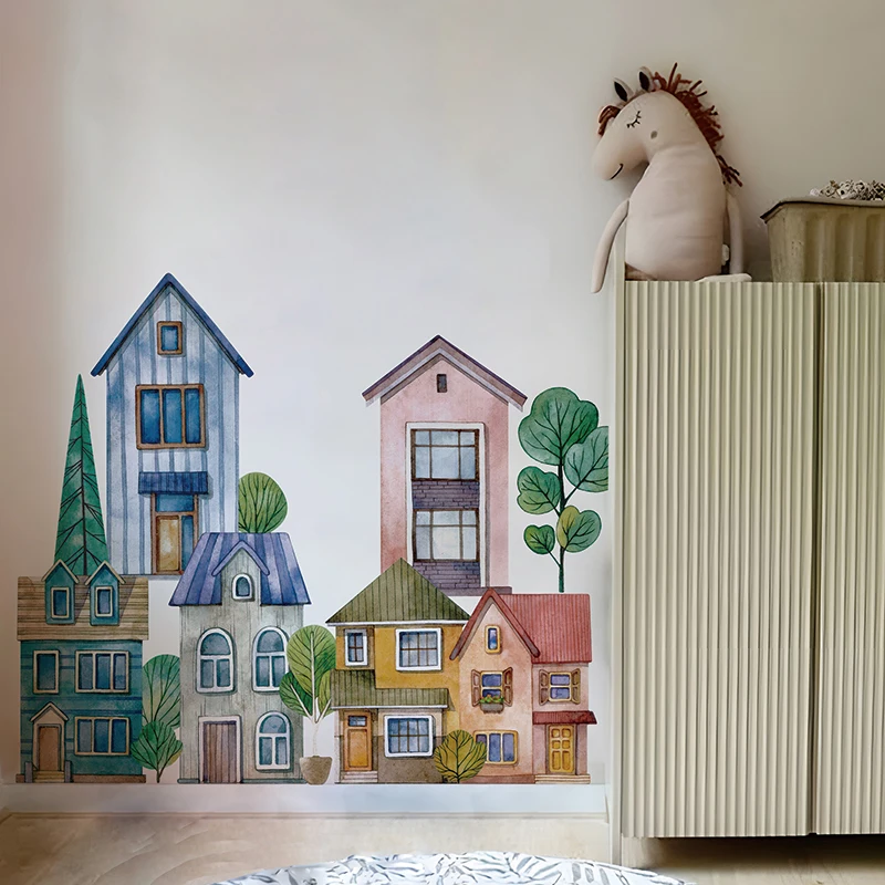 Large Watercolor City  Fabric Wall Mural Sticker Peel&Stick Removable DIY Art Wall Decor for Decal Home Bedroom