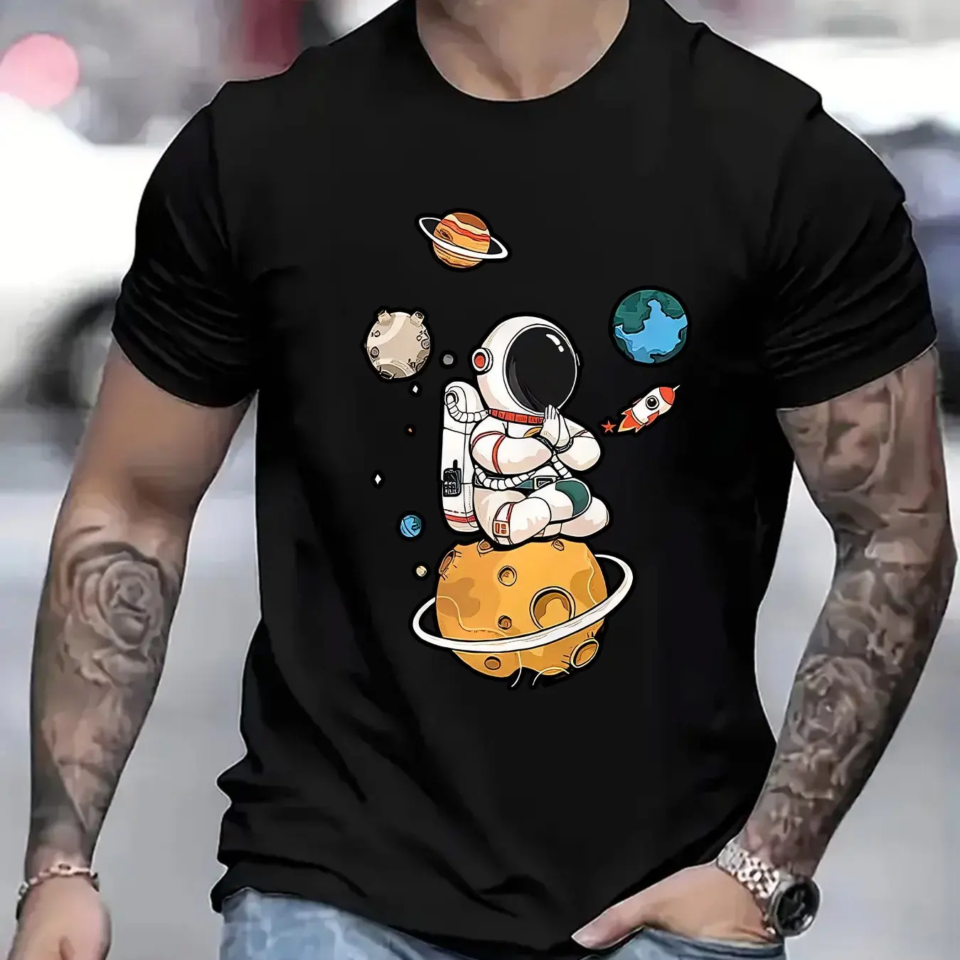 Men Astronaut Graphic T-Shirt Casual Crew Neck Short Sleeve Breathable Polyester Tee with Space-Themed Design Men Clothing