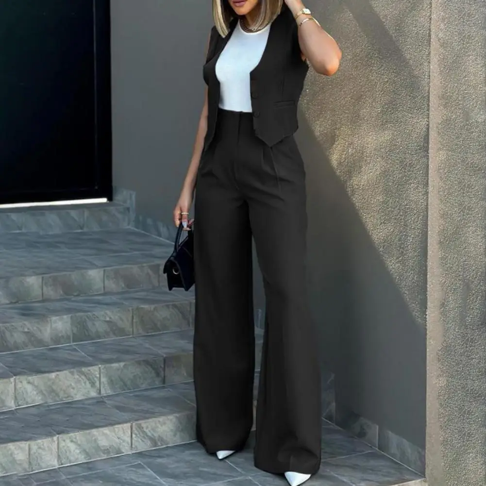 

Women Vest Elegant Lady Baggy Pants Set Solid Color High Waist Sleeveless Vest Women's Wide Leg Casual Streetwear Outfit Women