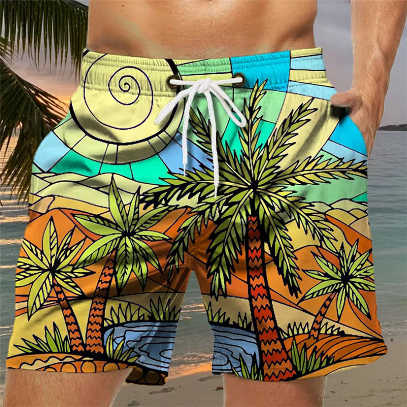 Men\'s Loose Beach Shorts Drawstring Quick Dry Coconut Tree Shorts For Summer Women Men 3D Print Casual Oversized Sport Shorts