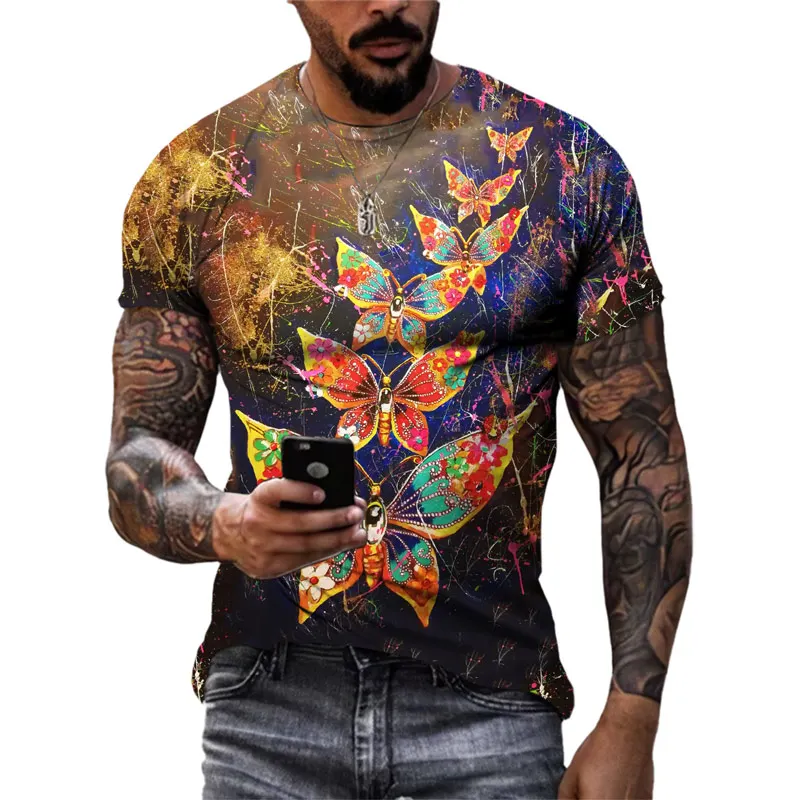 Fashion Trend Butterfly Pattern Men's T-shirt Trend Personality Retro Classic Streetwear Hip Hop Harajuku Print Plus Size Shirt