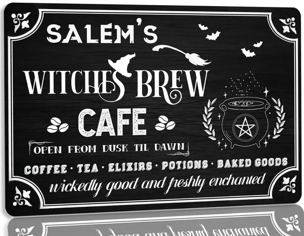 Salem's Witches Brew Cafe Metal Tin Sign Funny Vintage Witch Kitchen Decor Witch Coffee Sign for Home Cafe Farmhouse Hallowe