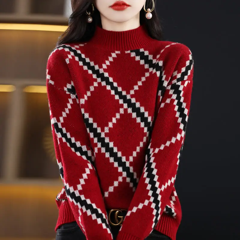 2022 Vintage Female Clothing Argyle Printed Fashion Geometric Spliced Sweaters Autumn Winter All-match Half High Collar Jumpers