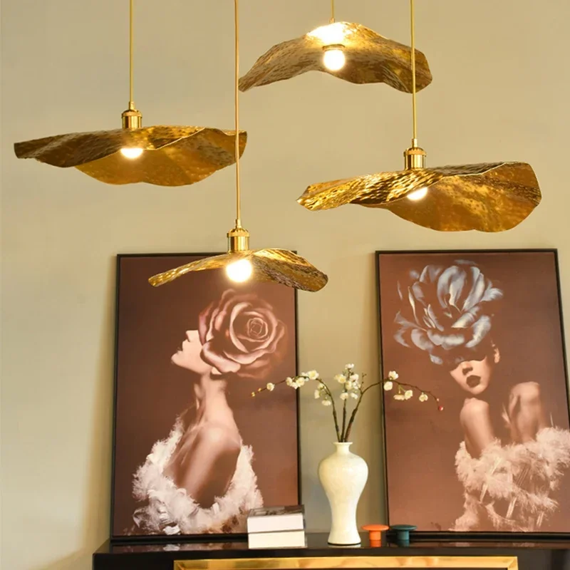 

New Chinese Style Creative Zen Lotus Leaf Chandelier Wrought Iron Tea Table Retro Dining Bar Tea Room Hot Pot Shop LED Light