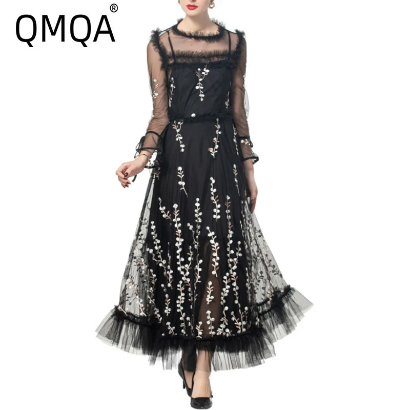 QMQA Fashion Women's Dresses Heavy Industry Embroidered Round Neck Black Long Sleeve Mesh Dress 2025 Spring New Clothing 1A730