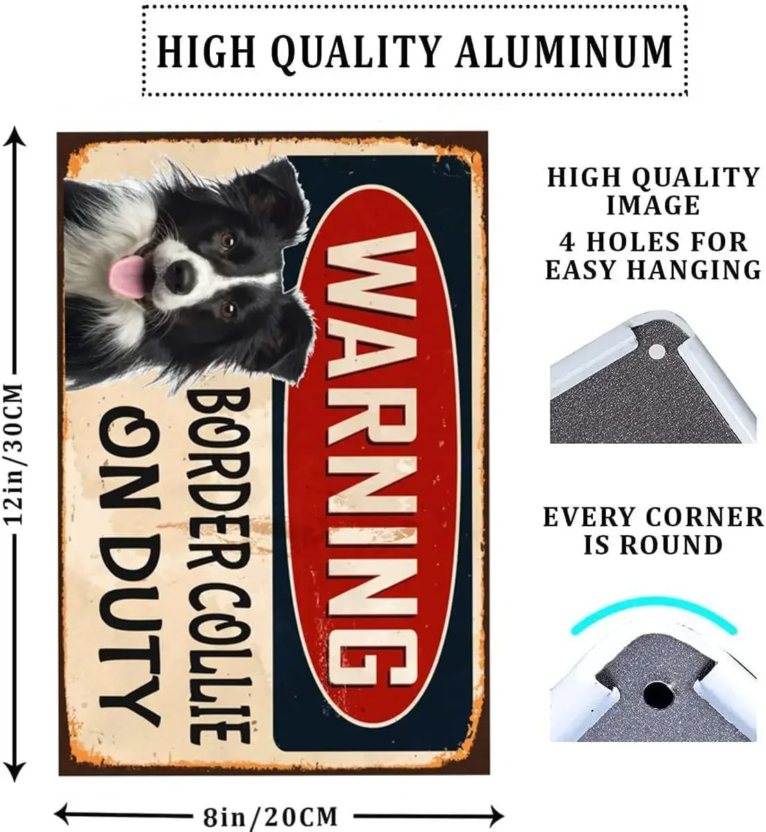 Warning Border Collie On Duty Signs Metal Tin Sign Vintage Signs Aluminum Tin Signs for Home Outdoor Garden 8x12 Inches