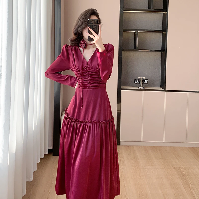 2024 New Elegant Spring Wine Red Satin Midi Dress Fashion Wmen V Neck High Waist Fold Ruffles Rose Flower Necklace Clothes