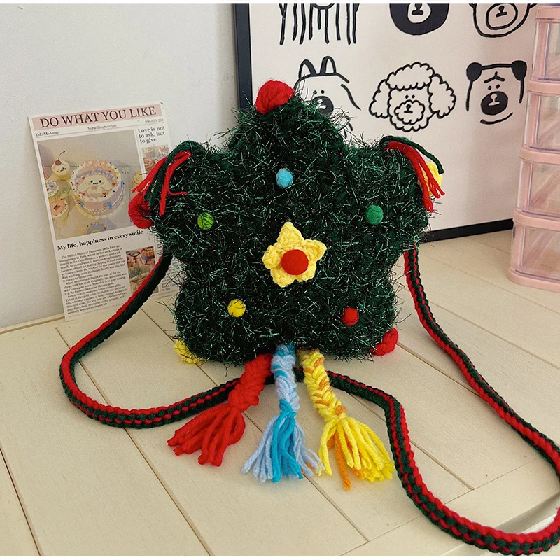 Autumn Winter Cotton Thread Knitted Bag Christmas Tree Red Apple Crossbody Bag Wallet Mobile Phone Storage Bag Festival Gife New