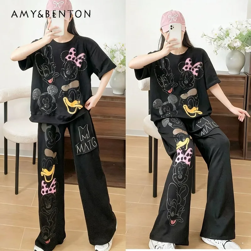 

Summer New Cartoon Letter Short-sleeved T-shirt And Casual Pants Two-pieces Suit Women's Fashion Kawaii Black Top Trousers Set