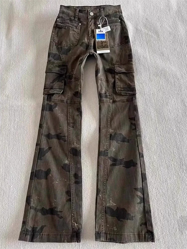

plus Size American Retro Camouflage Denim Pants Women's Spring New High Street Vibe Straight Leg Micro Flared Workwear Pants
