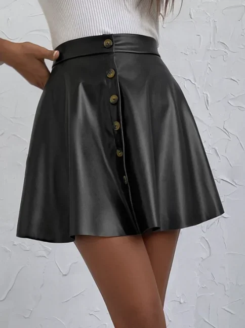 

Single Breasted Faux Leather Skirt Vintage Swing Aline Skirt For Spring & Fall Women's Clothing