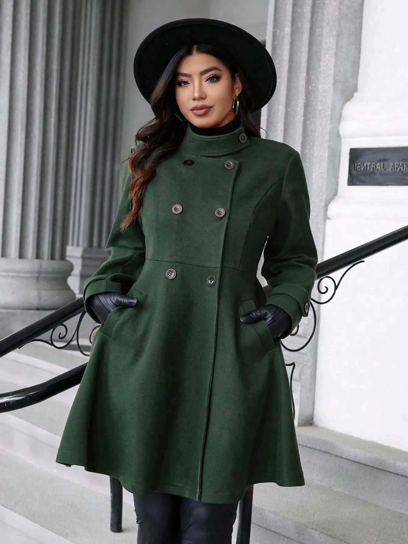 

Women's Double Breasted Wool Blend A-Line Coat with High Collar and Flared Hem