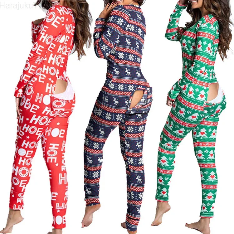 Piyama wanita Jumpsuit seksi motif Natal Jumpsuit 2024 mode kasual kancing depan bawah belakang Hip buka Jumpsuit Flip