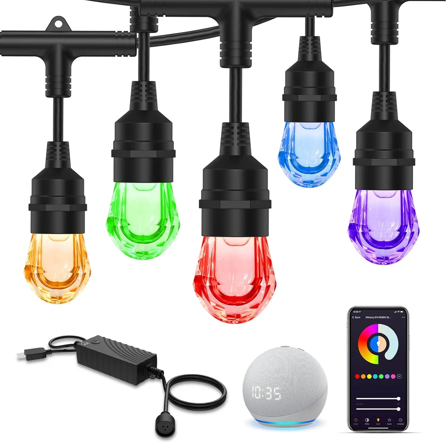 

XMCOSY+ Patio Lights 123ft, Smart RGBW String Lights LED with 40 Dimmable Shatterproof Acrylic Bulbs, APP & WiFi Control,