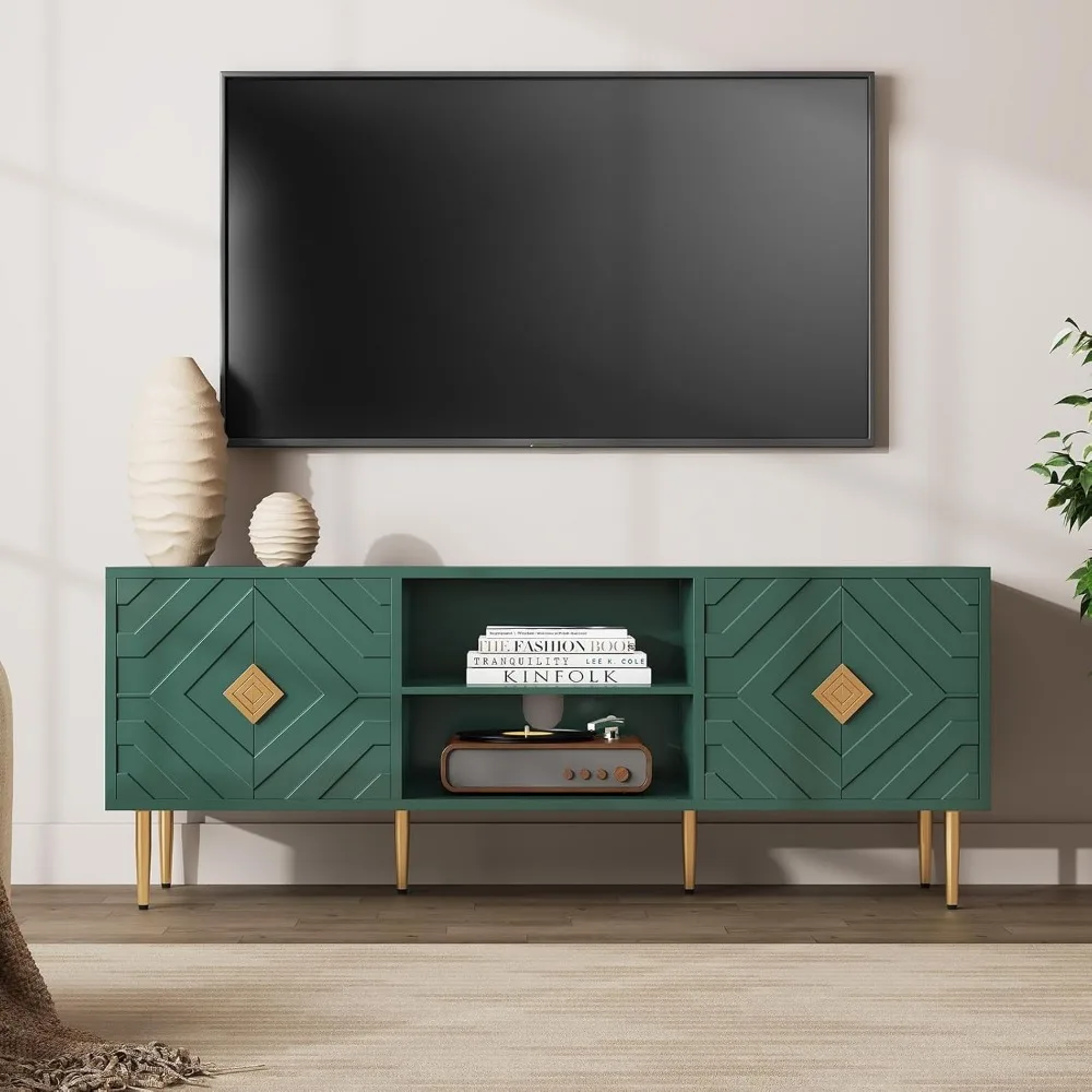 63'' modern tv stand for 65/70/75 inch tv, entertainment center with storage cabinet, mid century green tv stand,embossed patte
