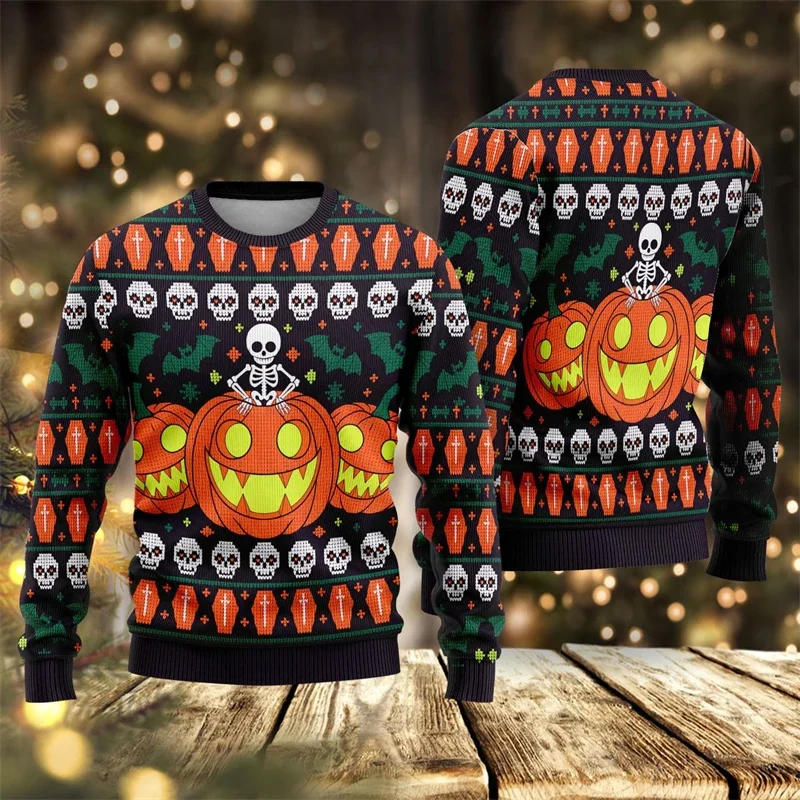 2026 Neuer Halloween-Hässlicher Pullover für Männer, Modische Kürbis-, Geister- und Totenkopf-3D-Druck-Sweatshirts, Lässige Übergroße Festtagskleidung – Detail 9