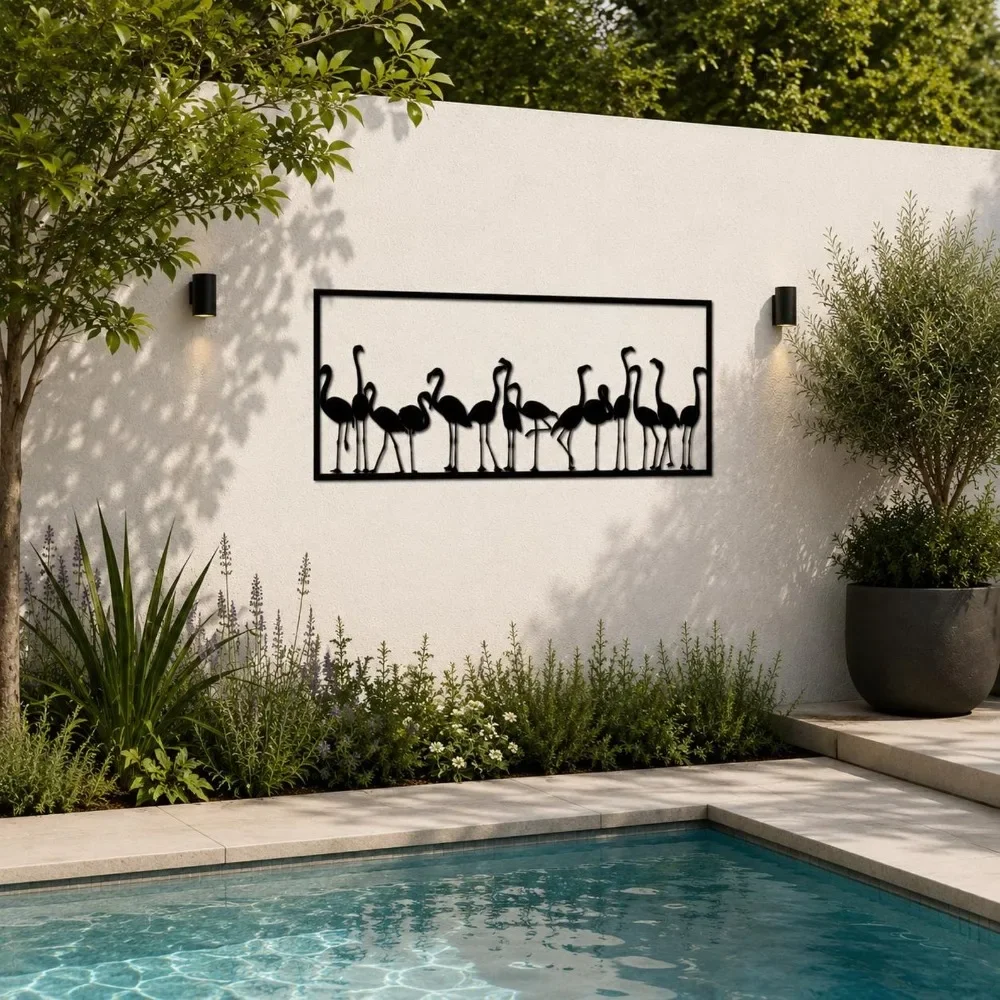 Flock Of Flamingos Metal Wall Art Sculpture With Rectangular Frame For Tropical Garden Decor And Poolside Patio Accent