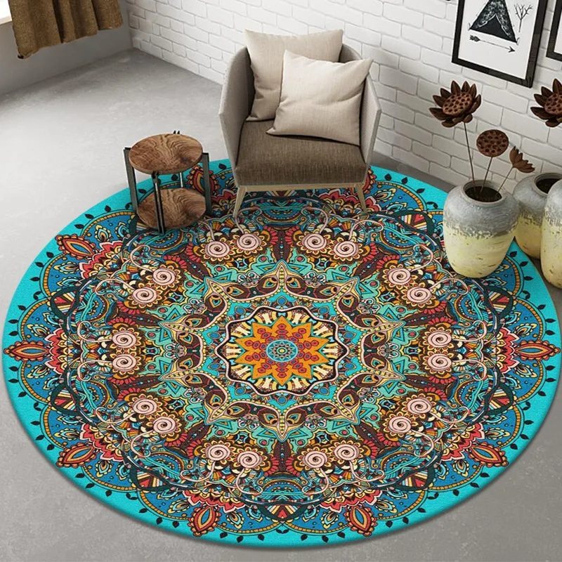 Round Retro Ethnic Style Printed Floor Mat Household Non-slip Hanging Basket Chair Mat Bedroom Bedside Blanket