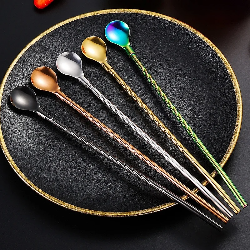 Stainless Steel Stirring Spoon Straw Creative Metal Dessert Beverage Milk Tea Straw Spoon Two-in-One Integrated Design
