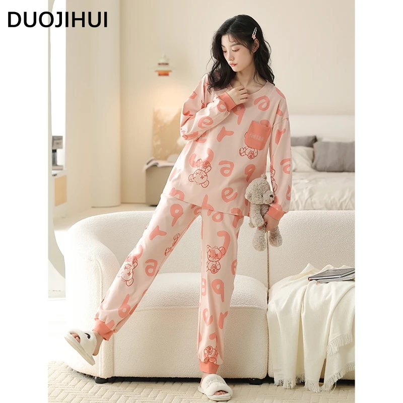 DUOJIHUI-Conjunto de pijama holgado para mujer, ropa de dormir de manga larga con estampado de Chicly, Color de contraste, básico, Simple, informal, a la moda