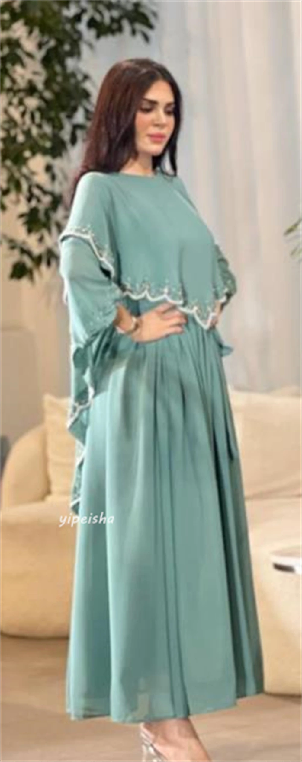  Chiffon Beading Draped Pleat Graduation A-line O-Neck Bespoke Occasion Gown Midi Dresses Saudi Arabia Evening