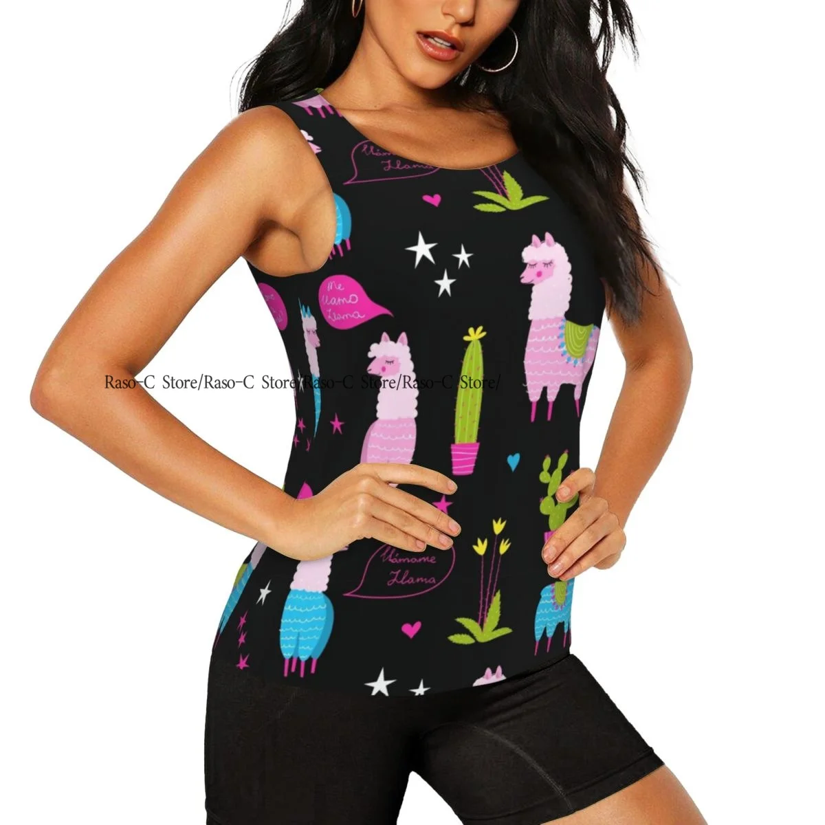 Women Casual Sport Yoga Vest Llama Cactus Pattern Quick Dry Running T-shirt Training Workout Gym Sleeveles