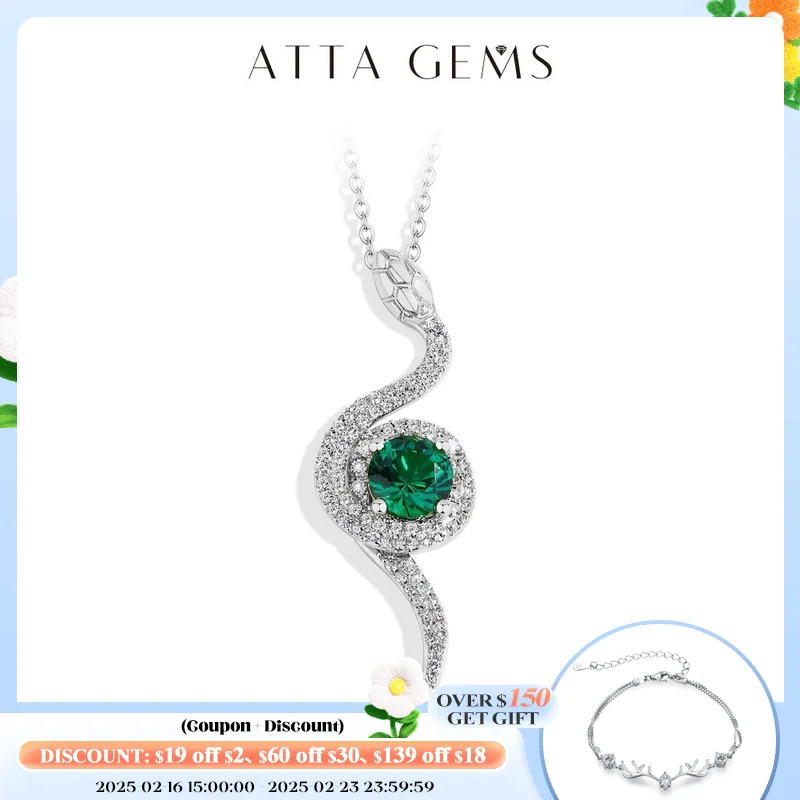 ATTAGEMS New Original Snake Moissanite Necklace for Women Lab Green Nano Gemston S925 Silver 18k White Gold Plated Pendant Gifts