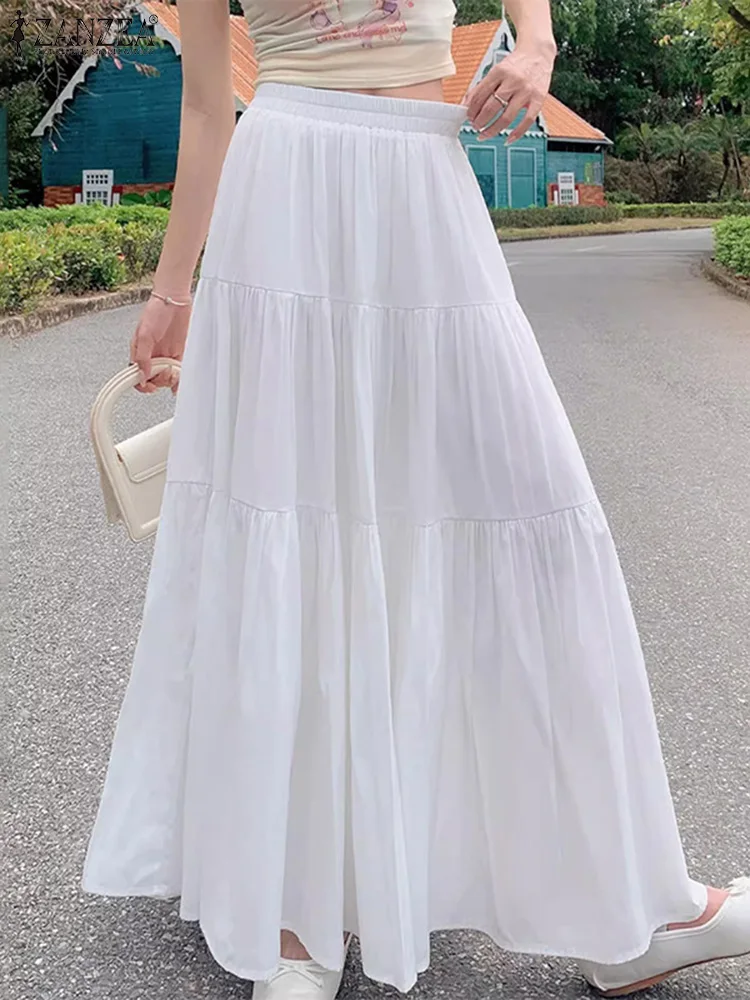 

ZANZEA Korean Fashion Women Maxi Skirts Elastic Waist Solid Color Casual Loose Ruffled Tiered A-line Faldas Holiday Long Jupes