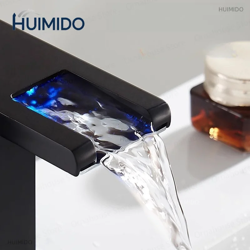 Black Bathroom Sink Faucet Single Hole Cold and Hot Water Mixing Valve Faucet 3 Colors Changing Color Changing Waterfall Faucet
