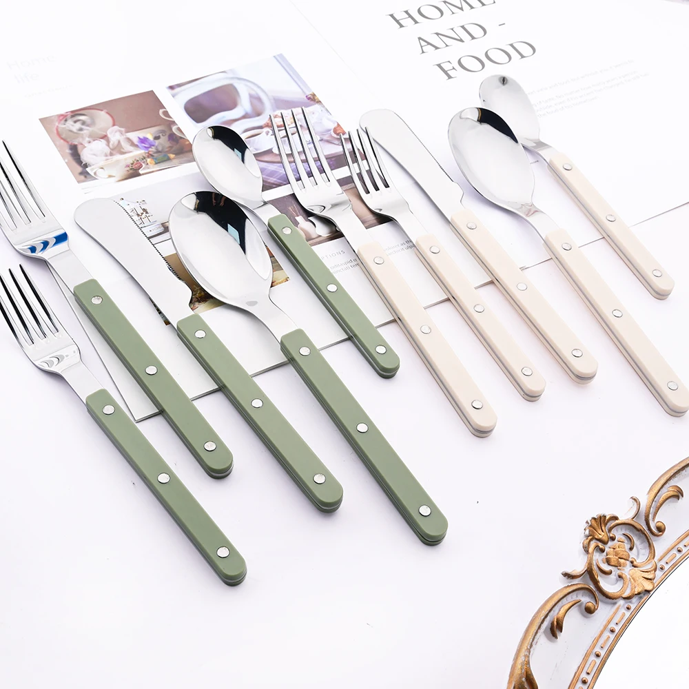 Beige Silber 4/16 Stücke Geschirr Acryl Griff Messer Gabel Löffel Set Edelstahl Besteck Set Westlichen Abendessen Küche besteck – Detail 5