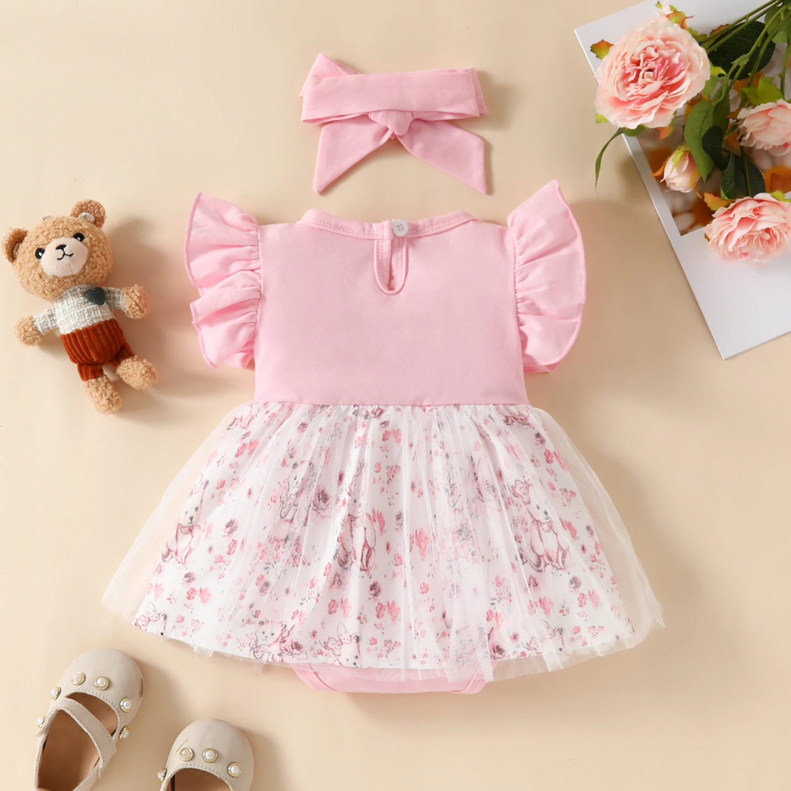 Baby Girl Summer Cartoon Bow Bear Mesh Skirt Triangle Harness